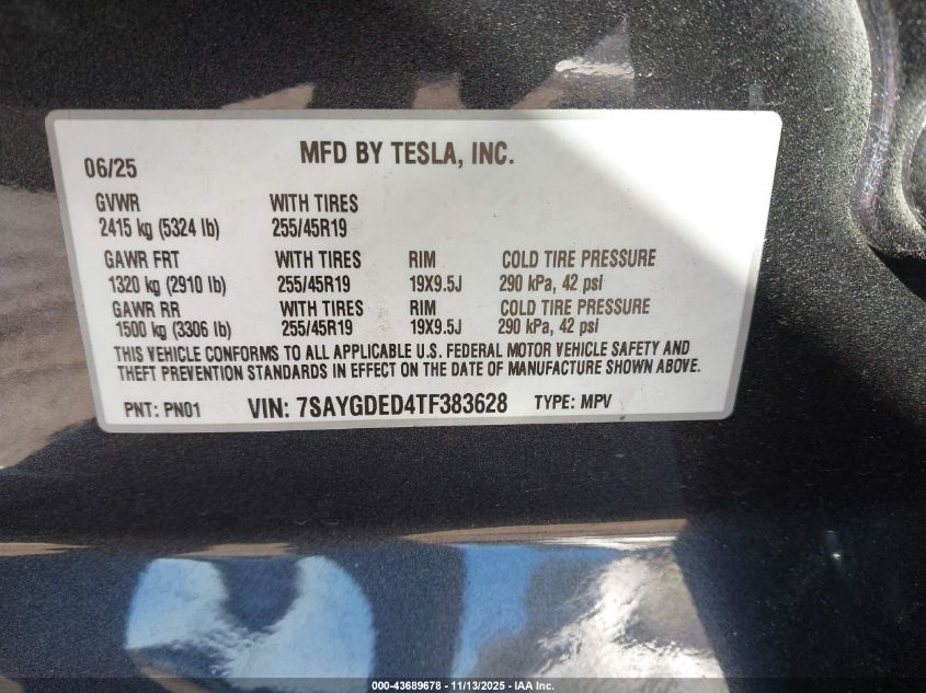 2026 Tesla Model Y VIN: 7SAYGDED4TF383628 Lot: 43689678