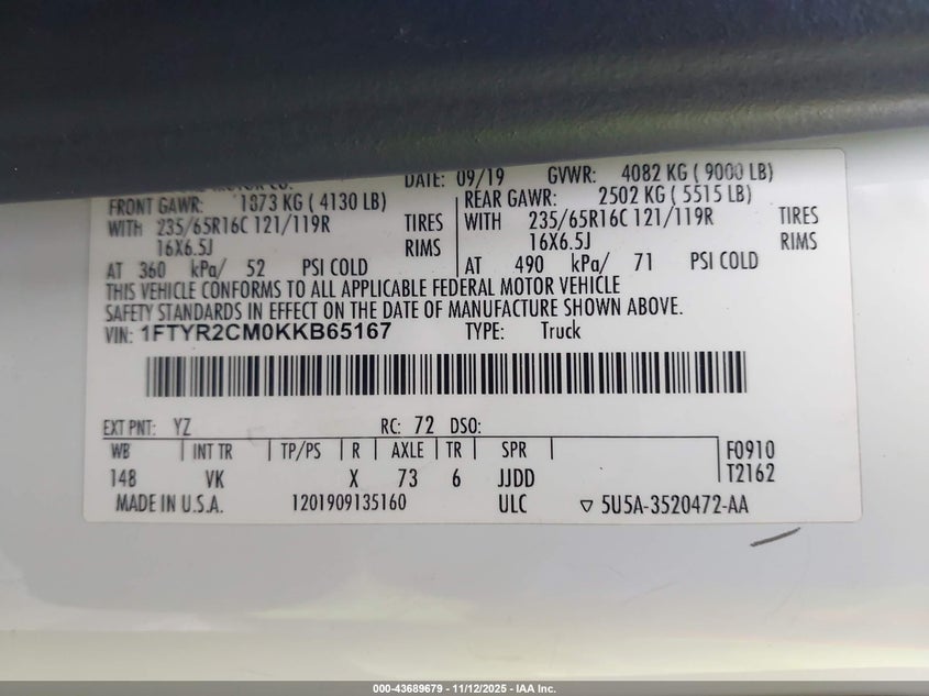 2019 Ford Transit-250 VIN: 1FTYR2CM0KKB65167 Lot: 43689679