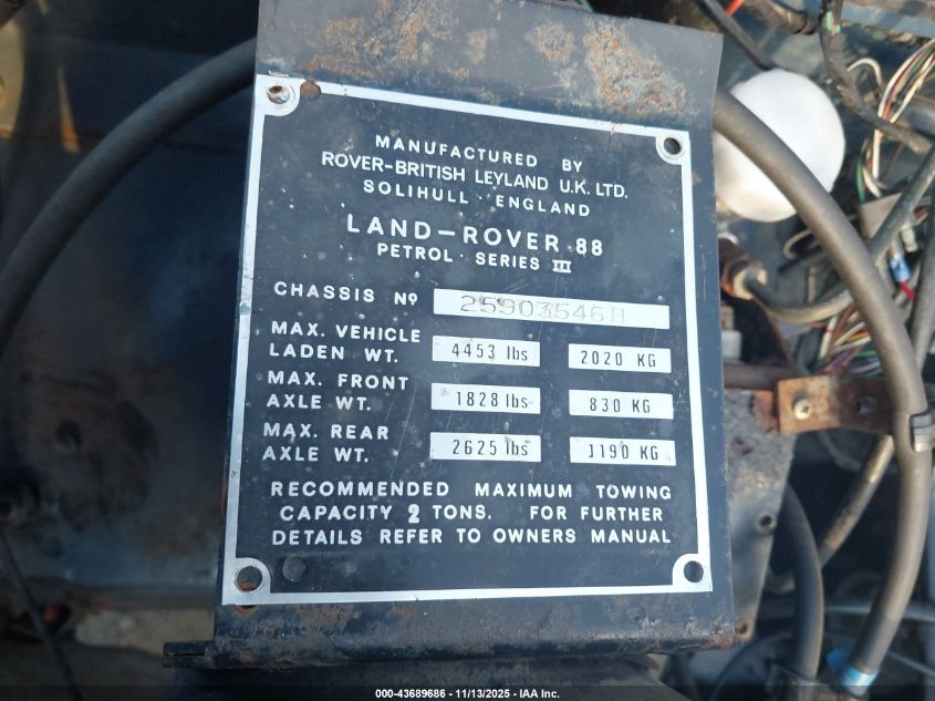 1974 Land Rover Defender VIN: 0000000025903546B Lot: 43689686