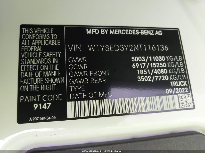 2022 Mercedes-Benz Sprinter 3500Xd High Roof V6 VIN: W1Y8ED3Y2NT116136 Lot: 43689690