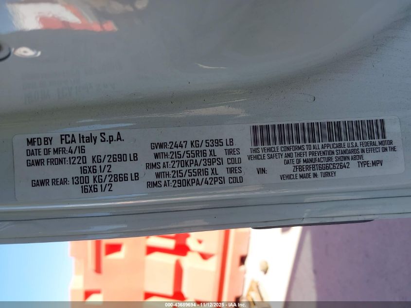 2016 Ram Promaster City Tradesman Slt VIN: ZFBERFBT6G6C62642 Lot: 43689694