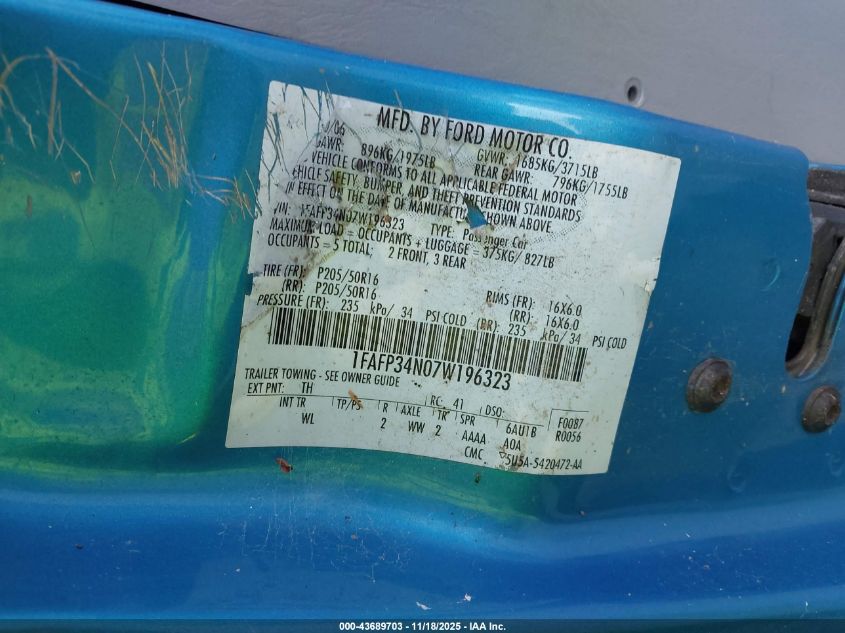 2007 Ford Focus S/Se/Ses VIN: 1FAFP34N07W196323 Lot: 43689703