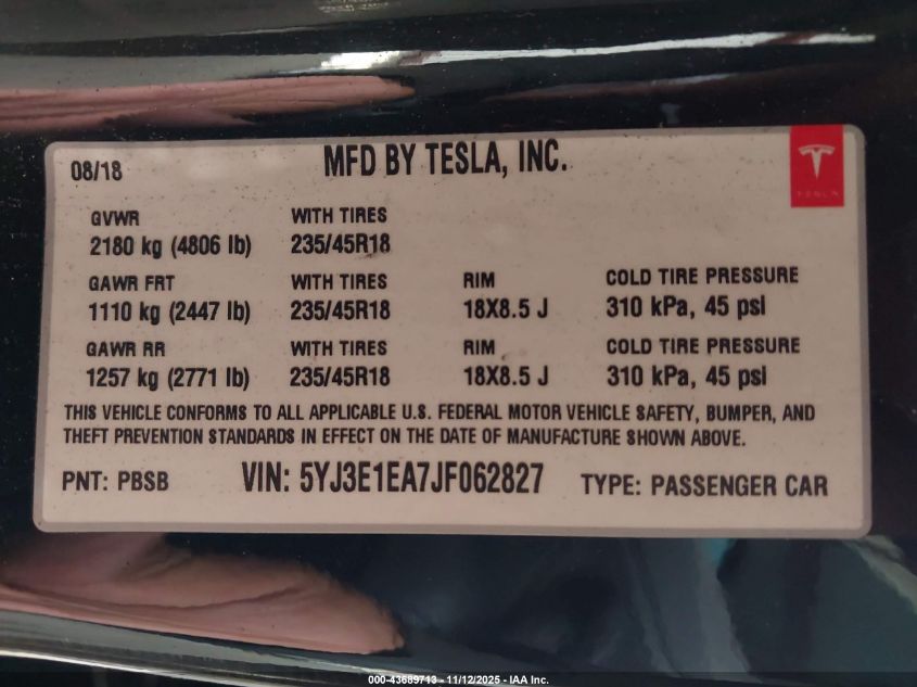 2018 Tesla Model 3 Long Range/Mid Range VIN: 5YJ3E1EA7JF062827 Lot: 43689713