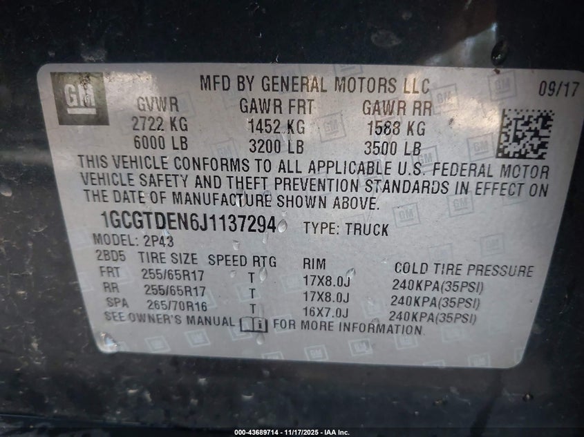 2018 Chevrolet Colorado Z71 VIN: 1GCGTDEN6J1137294 Lot: 43689714