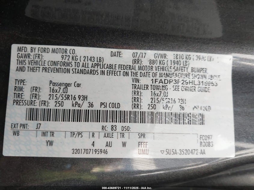 2017 FORD FOCUS SE 1FADP3F29HL315953