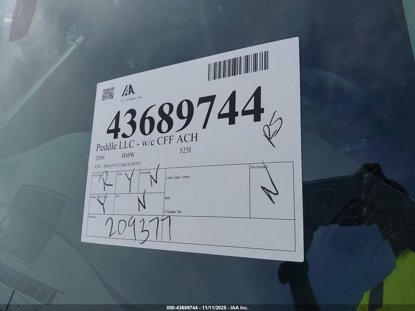 2006 BMW 525I VIN: WBANE53566CK90745 Lot: 43689744