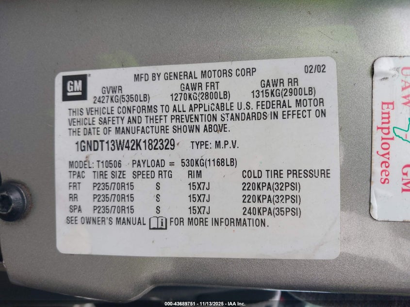 2002 Chevrolet Blazer Ls VIN: 1GNDT13W42K182329 Lot: 43689751