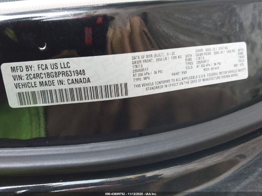 2023 Chrysler Pacifica Touring L VIN: 2C4RC1BG8PR631948 Lot: 43689752