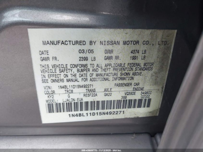 2005 Nissan Altima 3.5 Sl VIN: 1N4BL11D15N492271 Lot: 43689775