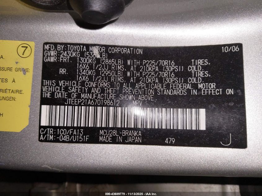 2007 Toyota Highlander V6 VIN: JTEEP21A670198612 Lot: 43689779