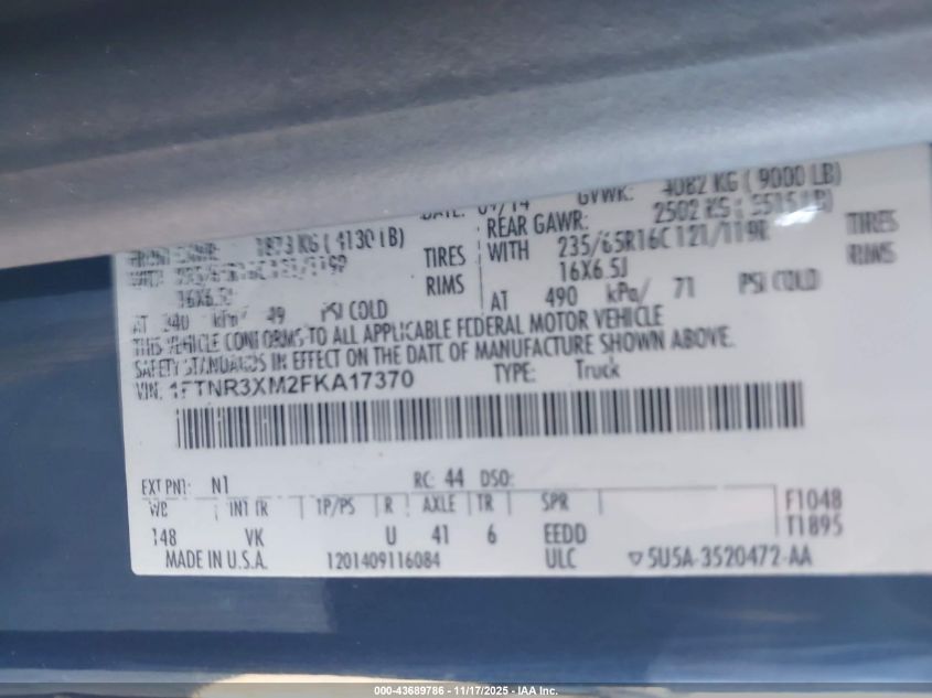 2015 Ford Transit-250 VIN: 1FTNR3XM2FKA17370 Lot: 43689786