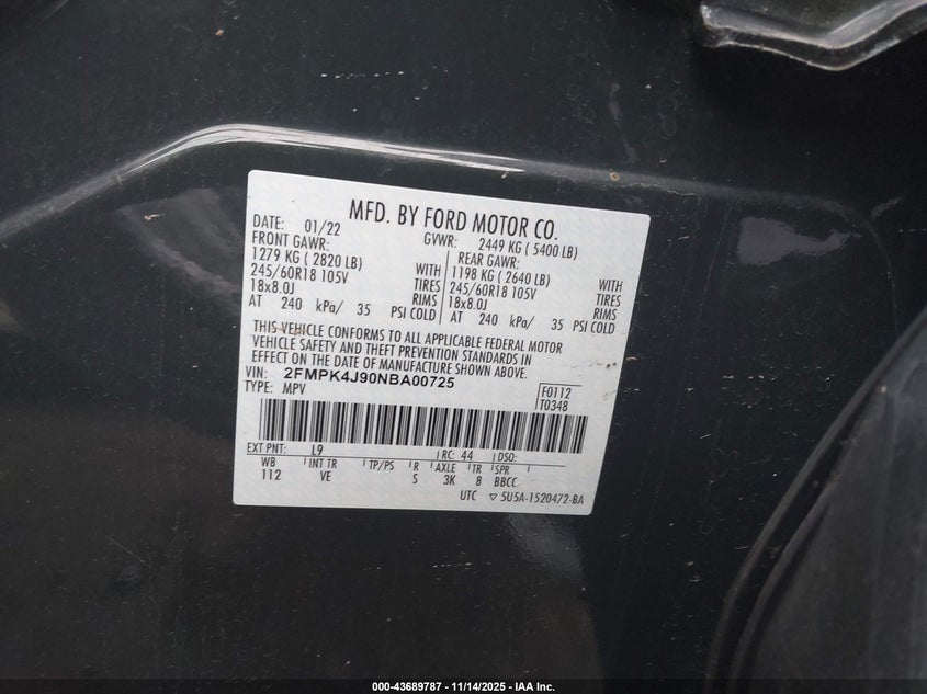2FMPK4J90NBA00725 2022 FORD EDGE photo no. 9