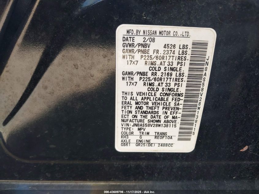 2008 Nissan Rogue Sl VIN: JN8AS58V28W138115 Lot: 43689796