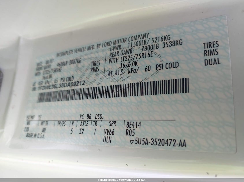 2008 Ford E-350 Cutaway VIN: 1FDWE35L38DA09212 Lot: 43689802