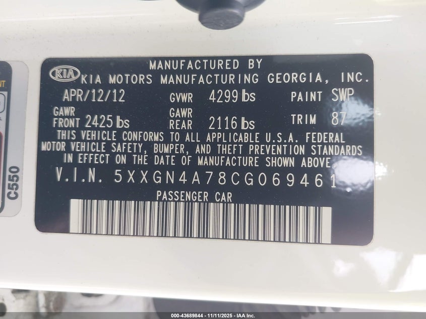 5XXGN4A78CG069461 2012 KIA OPTIMA photo no. 9