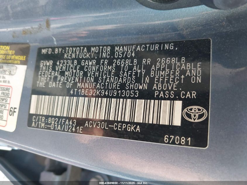 2004 Toyota Camry Xle VIN: 4T1BE32K94U913053 Lot: 43689858