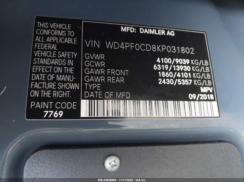 2019 Mercedes-Benz Sprinter 2500 Standard Roof V6 VIN: WD4PF0CD8KP031802 Lot: 43689868