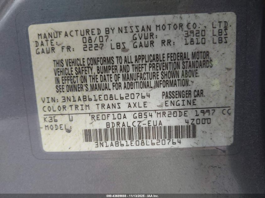 2008 Nissan Sentra 2.0 VIN: 3N1AB61E08L620764 Lot: 43689888