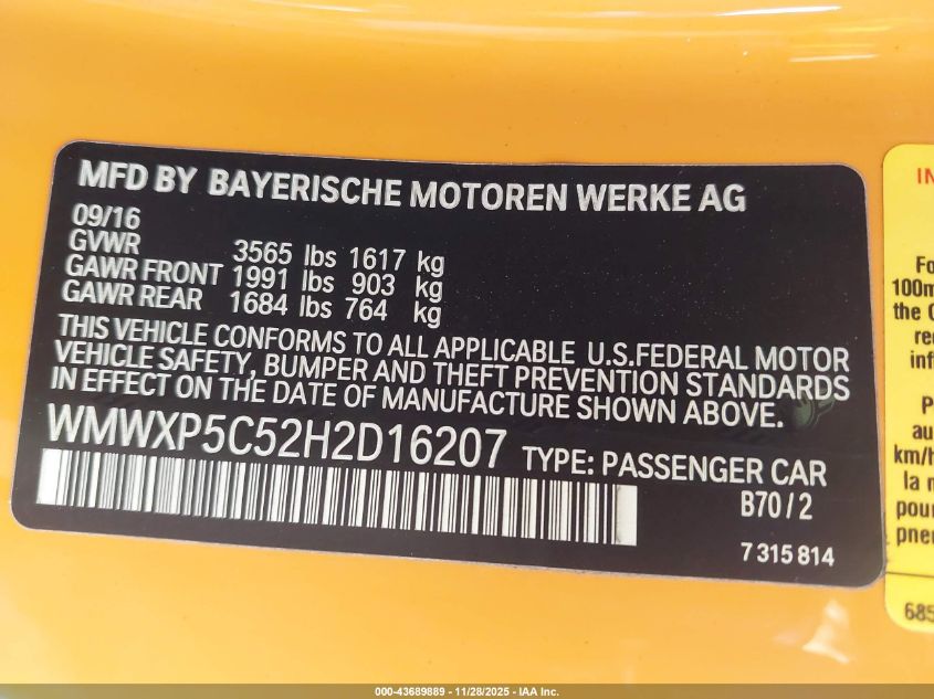 2017 Mini Hardtop Cooper VIN: WMWXP5C52H2D16207 Lot: 43689889