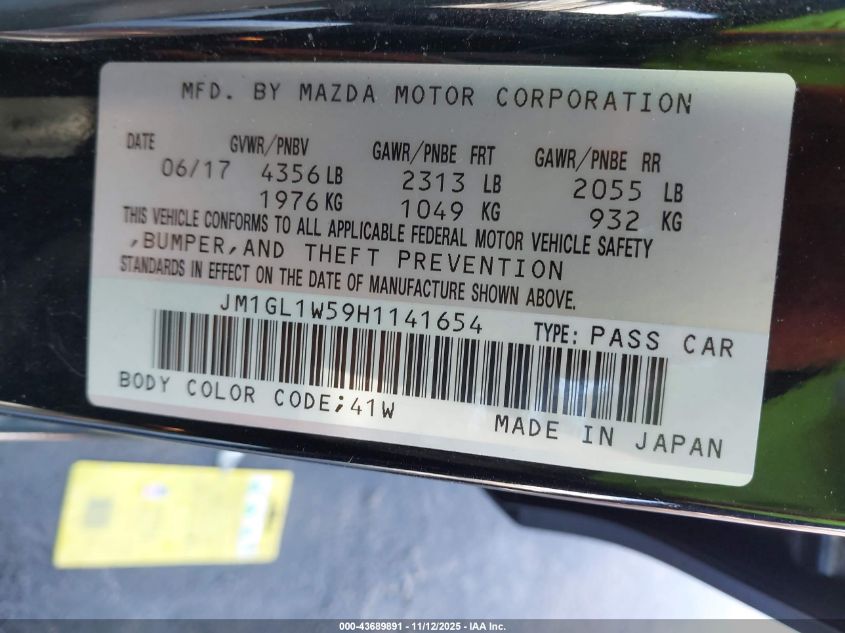 2017 Mazda Mazda6 Grand Touring VIN: JM1GL1W59H1141654 Lot: 43689891