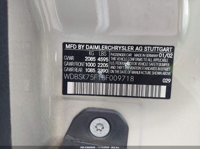 2003 Mercedes-Benz Sl 500 VIN: WDBSK75F13F009718 Lot: 43689899
