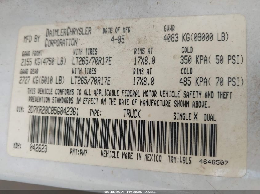 2005 Dodge Ram 2500 Slt/Laramie VIN: 3D7KR28C85G842361 Lot: 43689921