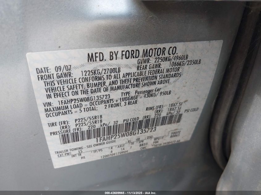 2008 Ford Taurus Limited VIN: 1FAHP25W08G135723 Lot: 43689965