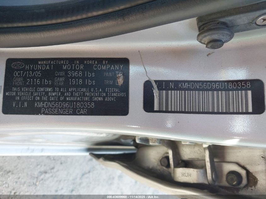2006 Hyundai Elantra Gls/Gt VIN: KMHDN56D96U180358 Lot: 43689968