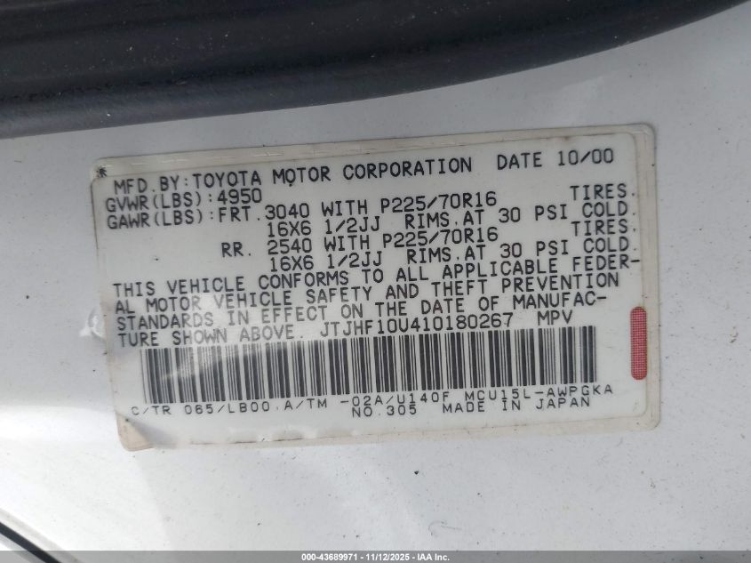 2001 Lexus Rx 300 VIN: JTJHF10U410180267 Lot: 43689971