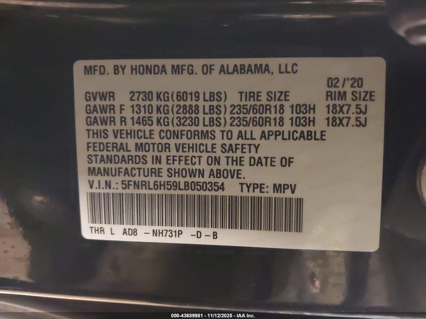5FNRL6H59LB050354 2020 HONDA ODYSSEY photo no. 9