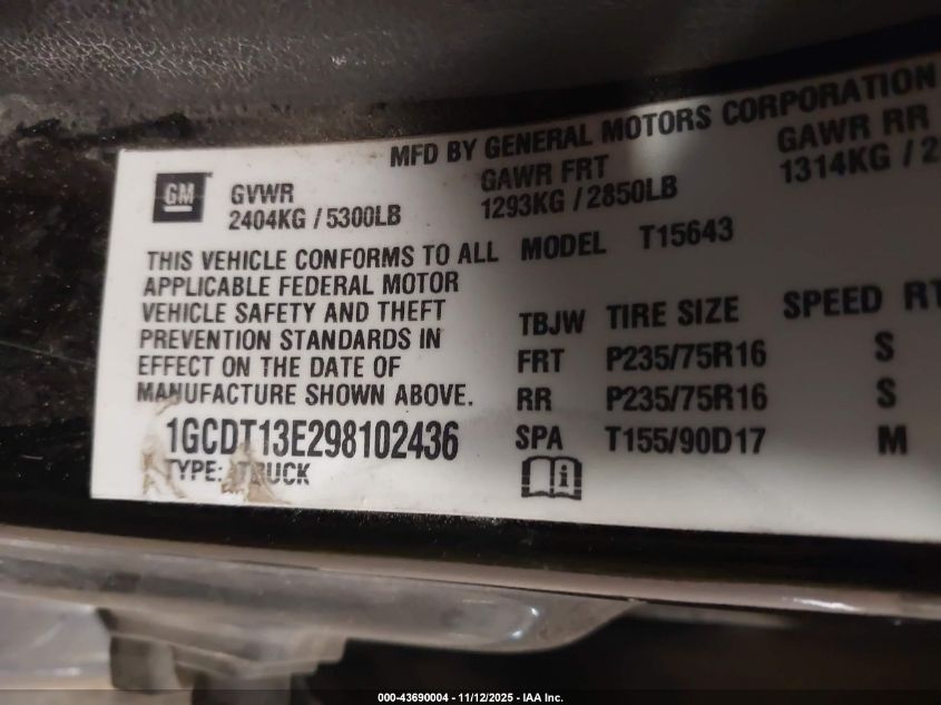 2009 Chevrolet Colorado Lt VIN: 1GCDT13E298102436 Lot: 43690004