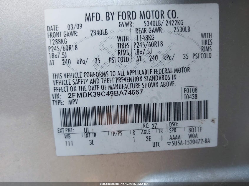 2009 Ford Edge Limited VIN: 2FMDK39C49BA74667 Lot: 43690008