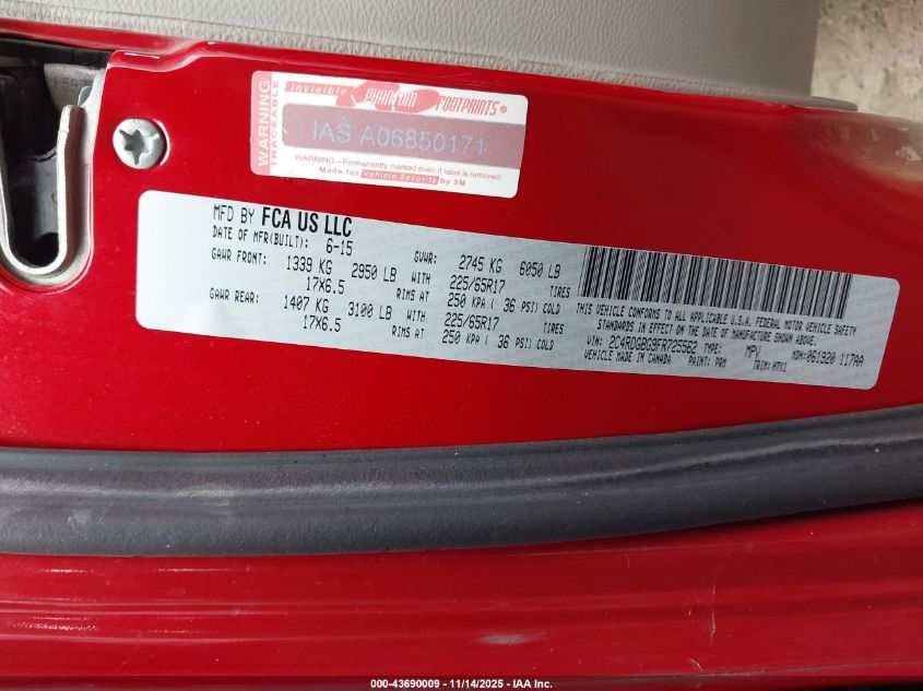 2015 Dodge Grand Caravan American Value Pkg VIN: 2C4RDGBG9FR725562 Lot: 43690009