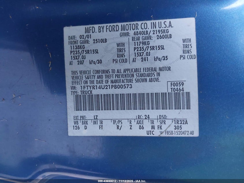 1FTYR14U21PB00573 2001 FORD RANGER photo no. 9