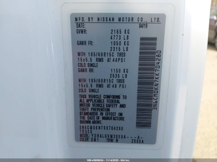 2019 Nissan Nv200 Sv VIN: 3N6CM0KN7KK704280 Lot: 43690024