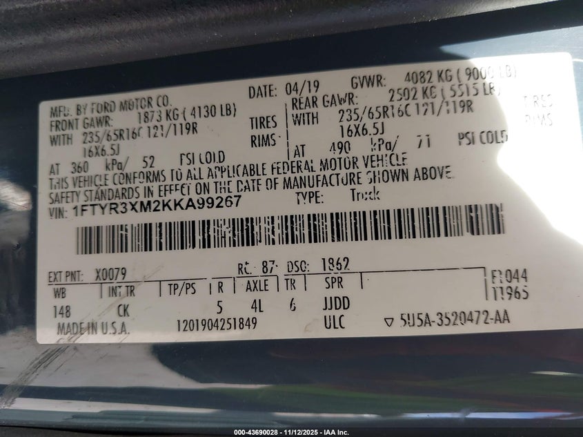 2019 Ford Transit-250 VIN: 1FTYR3XM2KKA99267 Lot: 43690028