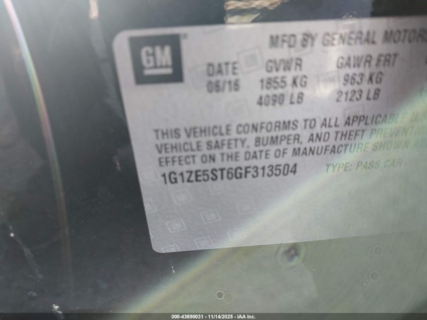 2016 Chevrolet Malibu 1Lt VIN: 1G1ZE5ST6GF313504 Lot: 43690031
