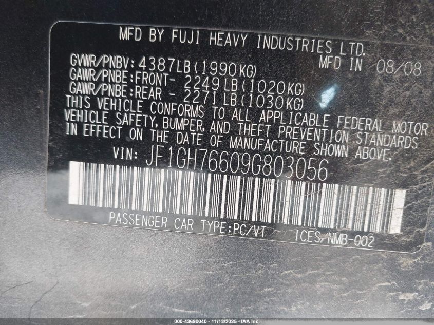 2009 Subaru Impreza Wrx VIN: JF1GH76609G803056 Lot: 43690040