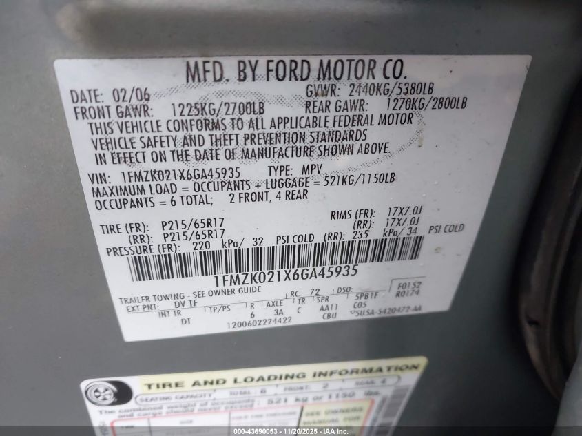 2006 Ford Freestyle Sel VIN: 1FMZK021X6GA45935 Lot: 43690053