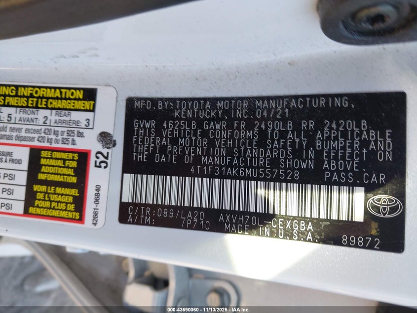 4T1F31AK6MU557528 2021 TOYOTA CAMRY photo no. 9