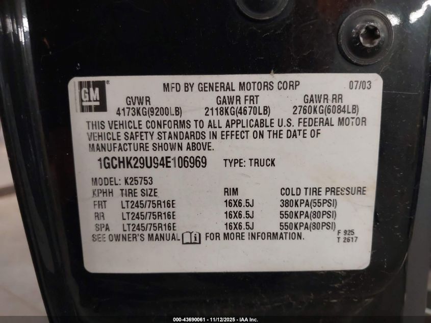 2004 Chevrolet Silverado 2500Hd Ls VIN: 1GCHK29U94E106969 Lot: 43690061