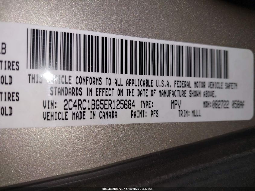 2014 Chrysler Town & Country Touring VIN: 2C4RC1BG5ER125684 Lot: 43690072
