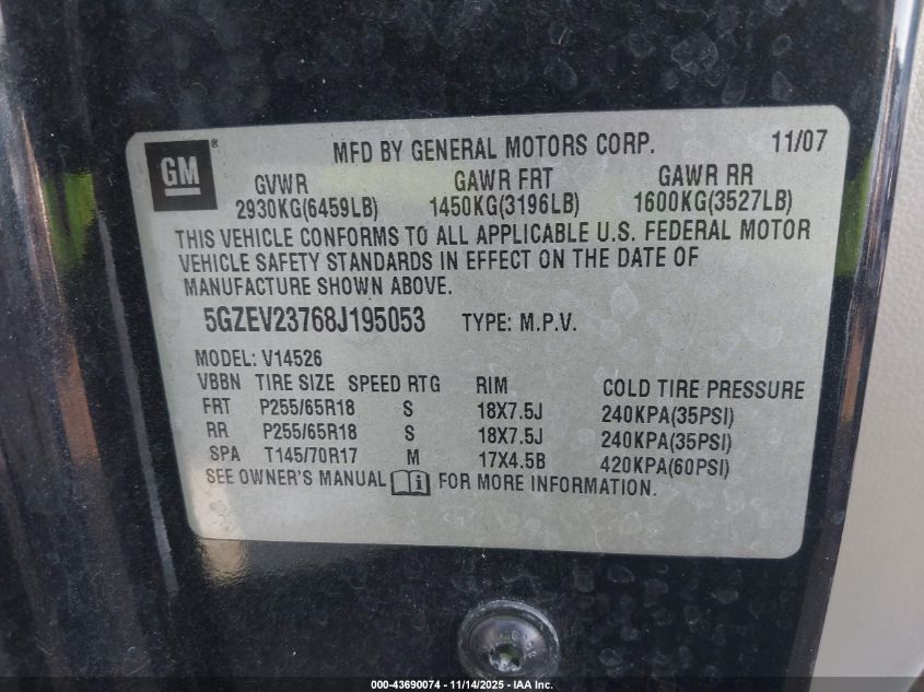 2008 Saturn Outlook Xr VIN: 5GZEV23768J195053 Lot: 43690074