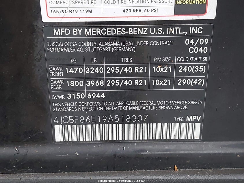 2009 Mercedes-Benz Gl 550 4Matic VIN: 4JGBF86E19A518307 Lot: 43690086