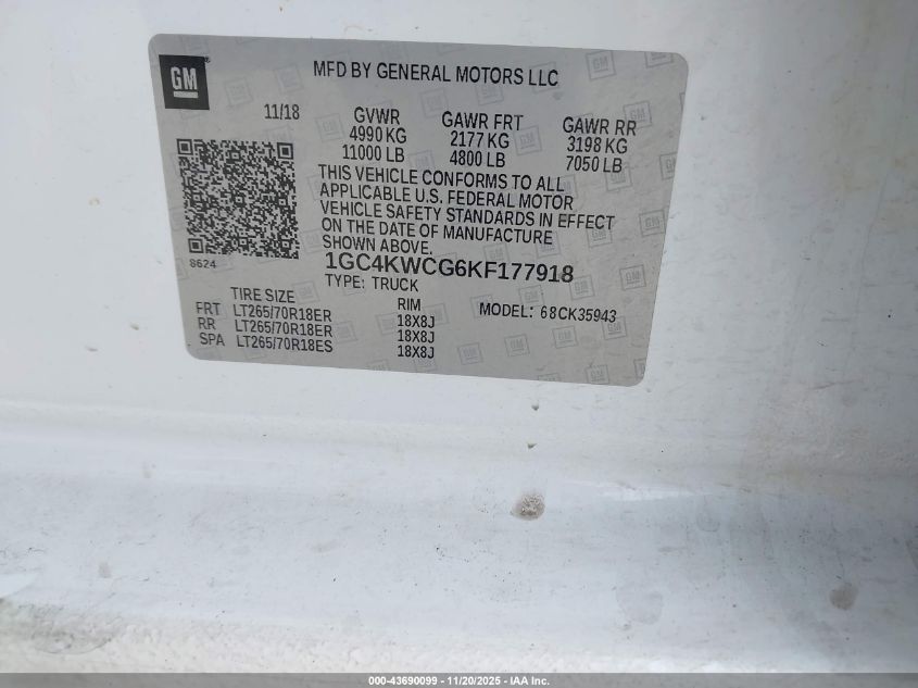 2019 Chevrolet Silverado 3500Hd Lt VIN: 1GC4KWCG6KF177918 Lot: 43690099