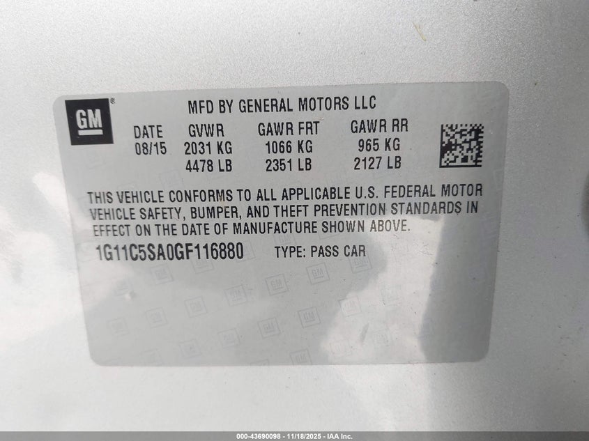 1G11C5SA0GF116880 2016 CHEVROLET MALIBU photo no. 9