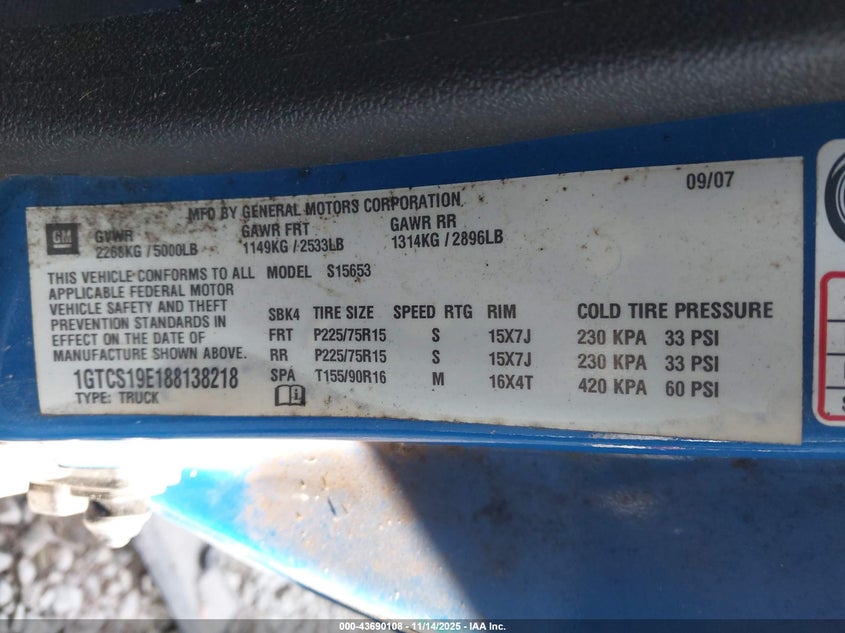 2008 GMC Canyon Sle1 VIN: 1GTCS19E188138218 Lot: 43690108