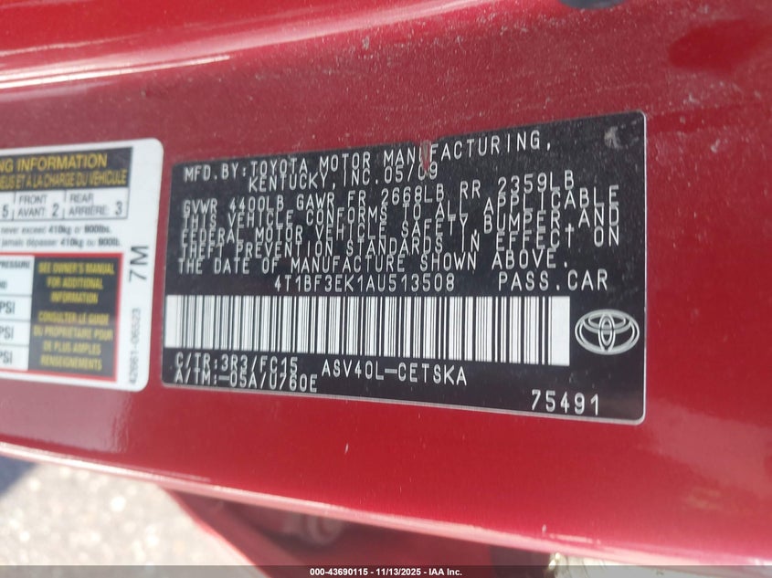 4T1BF3EK1AU513508 2010 TOYOTA CAMRY photo no. 9