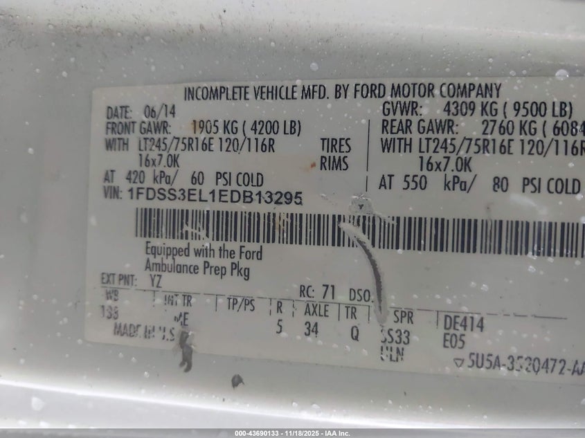 2014 Ford E-350 Super Duty Commercial VIN: 1FDSS3EL1EDB13295 Lot: 43690133