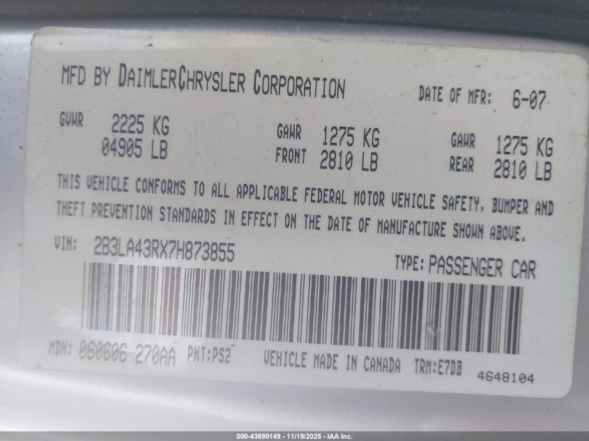 2007 Dodge Charger VIN: 2B3LA43RX7H873855 Lot: 43690149